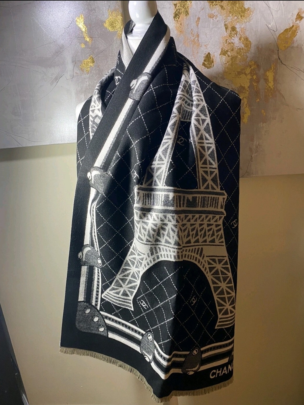 Auth Chanel Black & White Eiffel Tower Cashmere & Wool Blend Stole Scarf PRETTY